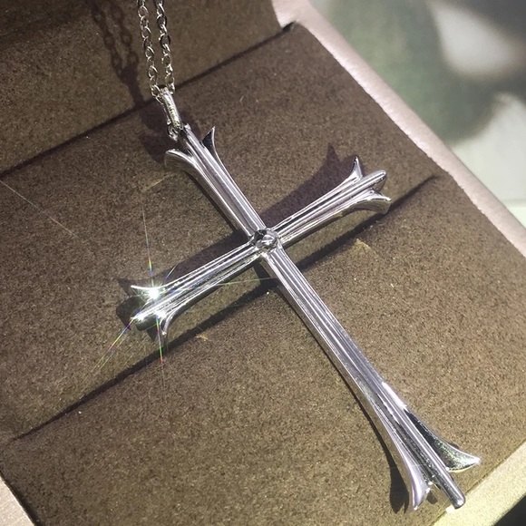 New Unisex 925 Silver Cross Diamond Necklace - Picture 5 of 6